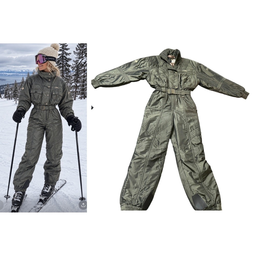 Descente Vintage Ski Snow Suit Olive Green Belted One Piece Jumpsuit Sz 8 Retro